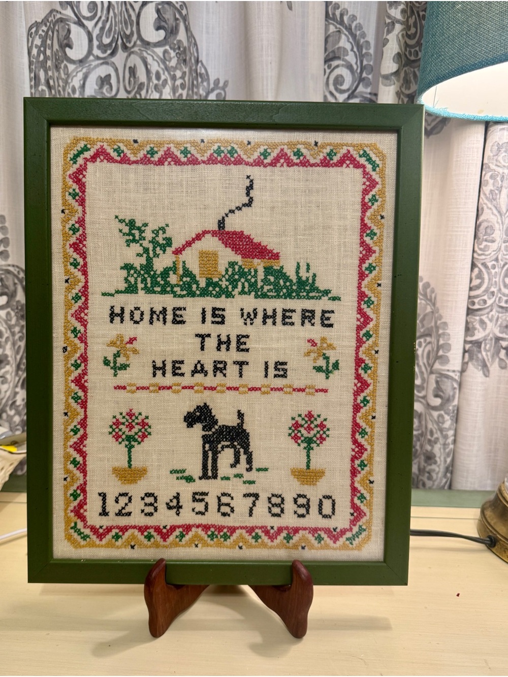Framed Cross-Stitch Sampler - Green Frame, Multicolor Stitch, 14x11.5in